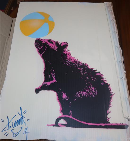 T. Wat, spray paint on card, Rat and beachball, signed and dated 14, 85 x 62cm